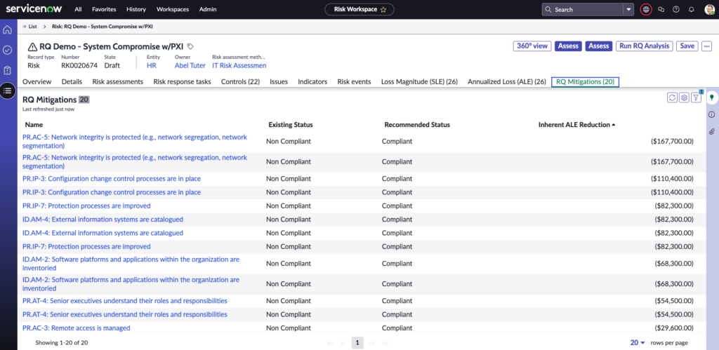 servicenow risk quantifier app RQ mitigations